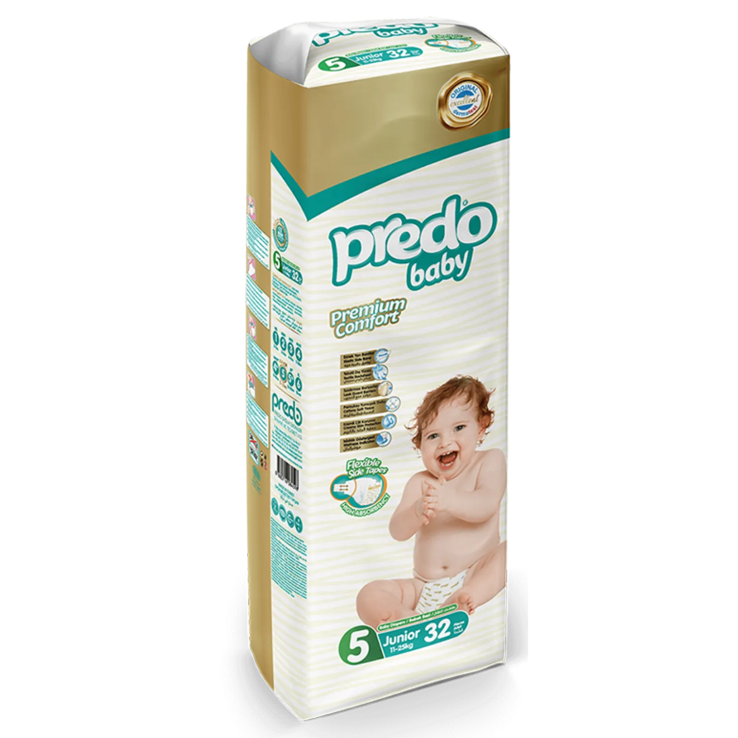 حفاضات بريدو بيبي بريميوم كومفورت لاصقة مقاس 5 (Junior) – 32 قطعة